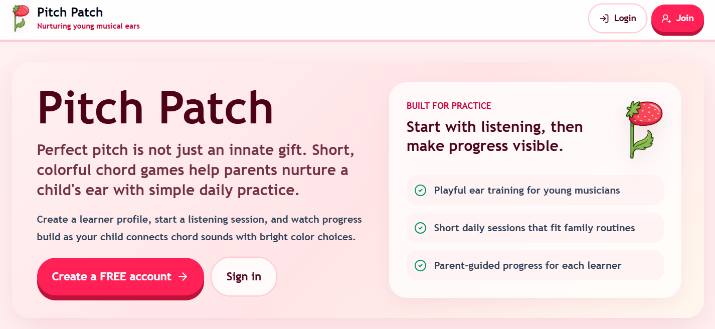 Pitch Patch landing page showing a parent-friendly pitch training homepage